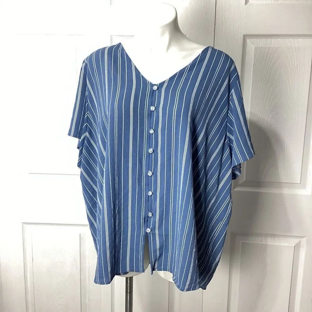 LuLaRoe Blouse Lularoe Striped Blue White Short Sleeve Button Front Top 3XL